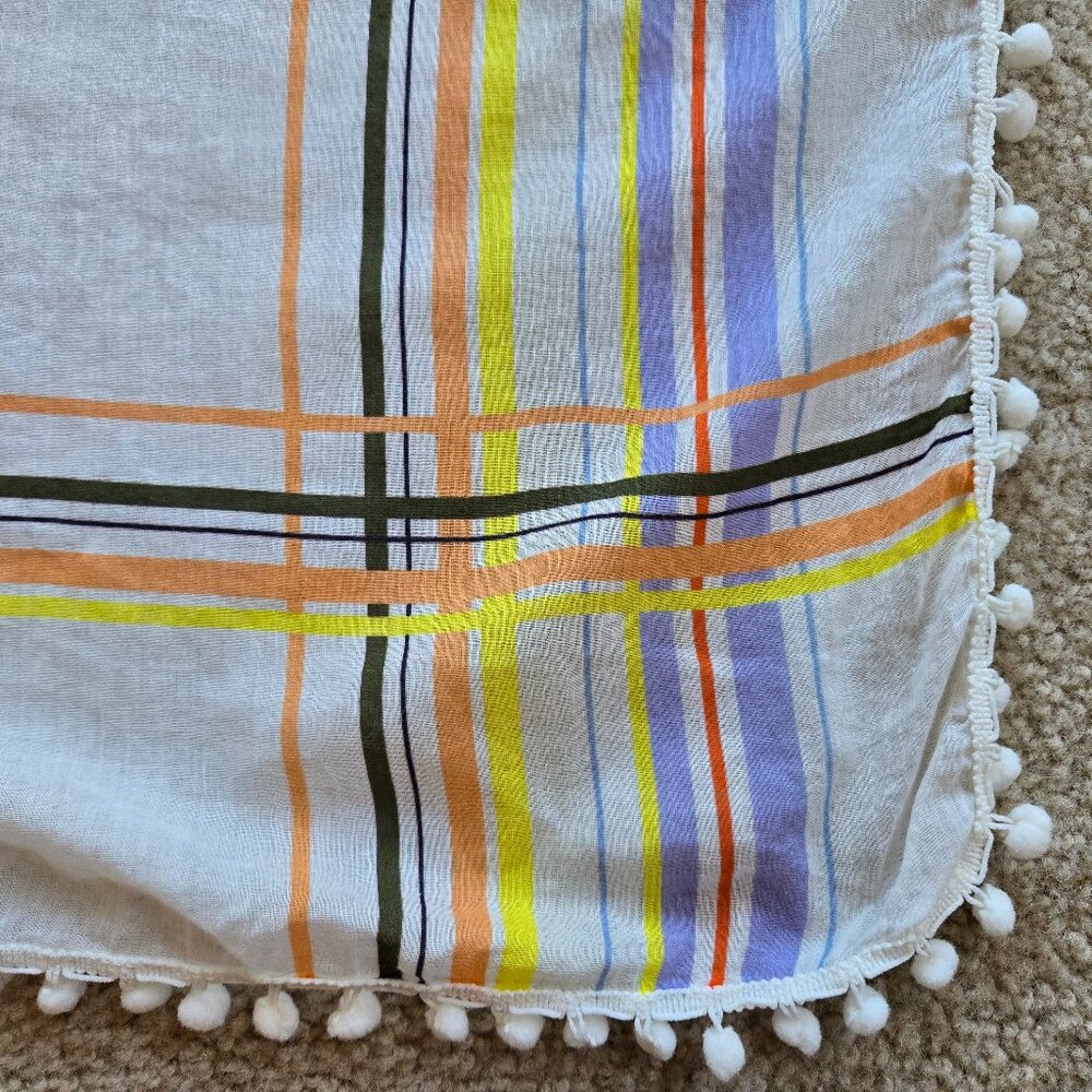 Lightweight Striped Summer Scarf or Sarong with Pom Pom Border